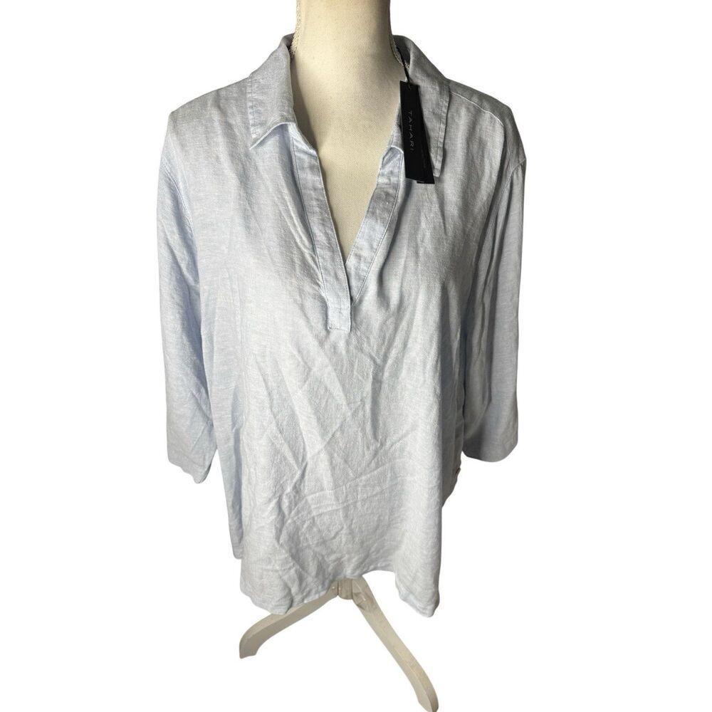 Tahari Linen Tunic Top Size 2X Blue Chambray 3/4 Sleeve V-Neck Lagenlook NWT